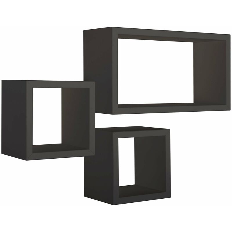 Giordanoshop - Set 3 Mensole Cubo da Parete Quadrato e Rettangolare in Fibra di Legno Tribù Nero