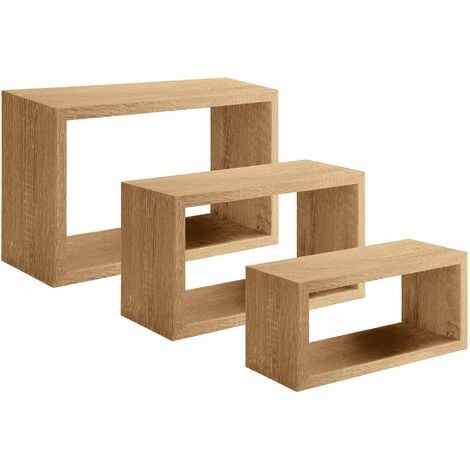 SET 3 MENSOLE GALAXYA DESIGN, CUBO A PARETE IN LEGNO FRASSINO LISCIO VARI  COLORI