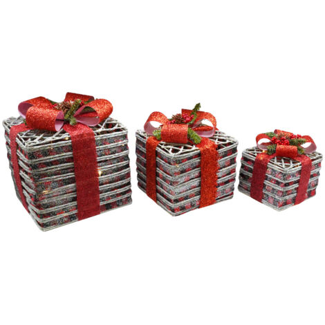 Set 3 Pacchi di Natale con LED in Plastica Rosso Glitterato
