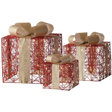 Set 3 pacchi regalo luminoso con stelle  color oro e rosso per uso interno ed esterno