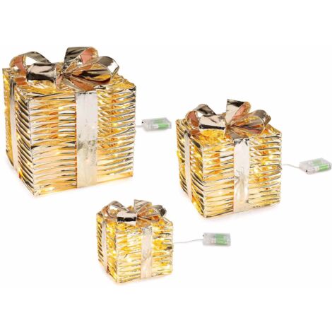 Set 3 Pacchi Regalo Natalizi Luminosi in Metallo Color Oro - Addobbi Natale
