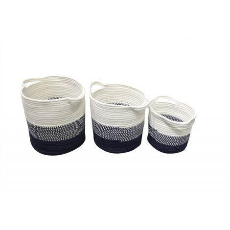 Set 3 paniers de rangement rond en corde tressée blanc bleu - COTON