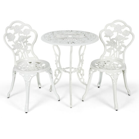 Set 3 pezzi esterno ghisa alluminio tavolo foro ombrellone 2 sedie giardino bianco