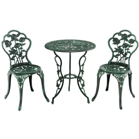 Set 3 pezzi esterno ghisa alluminio tavolo foro ombrellone 2 sedie giardino verde scuro