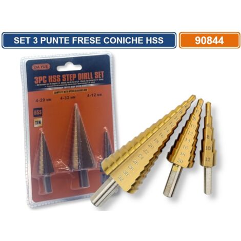 SET 3 PEZZI FRESE CONICHE A GRADINO ACCIAIO HSS DA 4-12MM 4-20MM 4-32MM