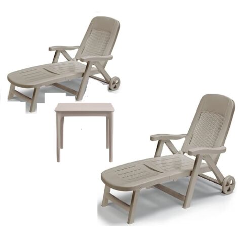 Set 3 Pezzi Giardino Piscina 2 Lettini prendisole S-C-A-B- + Tavolo Basso Resina Tortora Pieghevoli con Ruote Argo Arredo Esterno Design Moderno Anti-UV Salvaspazio