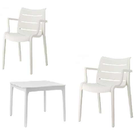 Set 3 Pezzi Giardino Terrazzo - 2 poltrone Sedie Sunset S-C-A-B bianco lino + Tavolo Basso Quadrato Arredo Esterno Interno Moderno Tecnopolimero Made in Italy