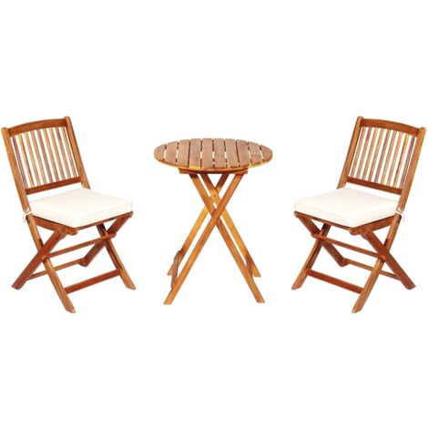 Set 3 pezzi pieghevoli legno acacia esterno sedie tavolo cuscino imbottito naturale