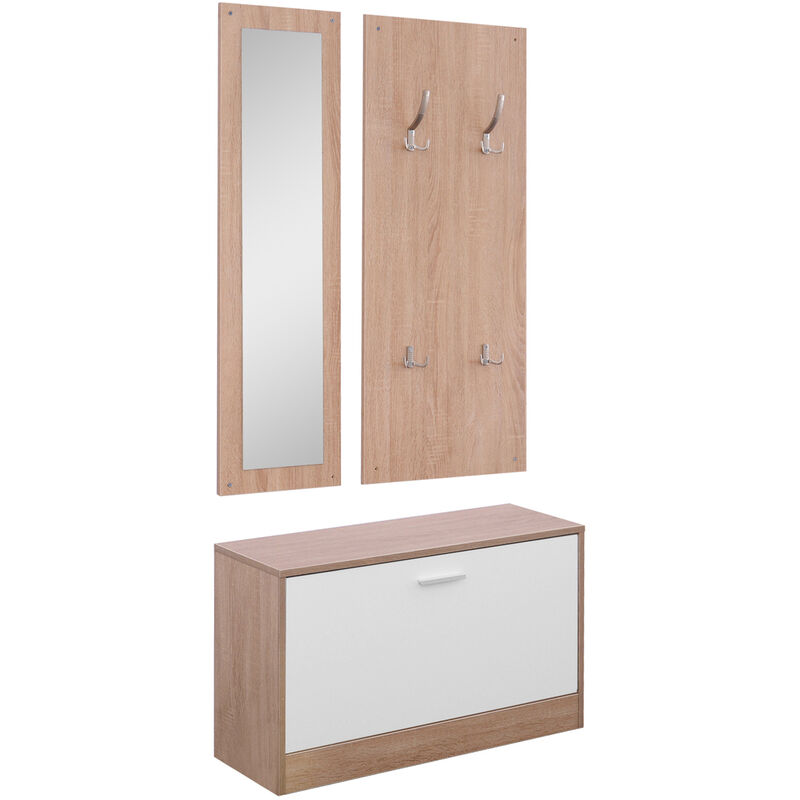 benzoni Set 3 Pezzi Scarpiera Appendiabiti Specchio da Ingresso in Legno 80x27x46.5 cm