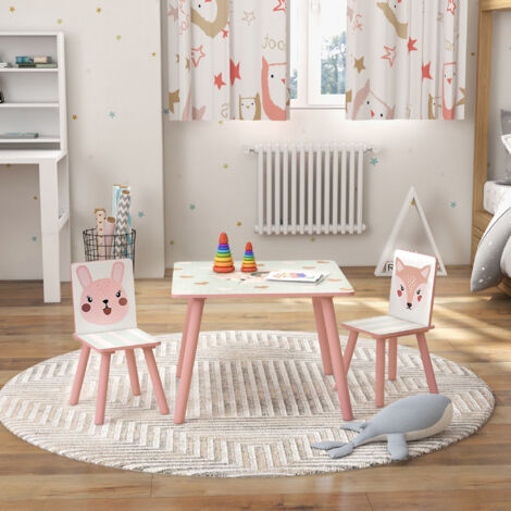 Set 3 Pezzi Tavolino e 2 Sedie per Bambini da 3-8 Anni, Tavolino Multiattivita Disegni di Animali, in MDF e Legno di Pino, Tavolino per Bambini e Seggiole con Schienale, Rosa