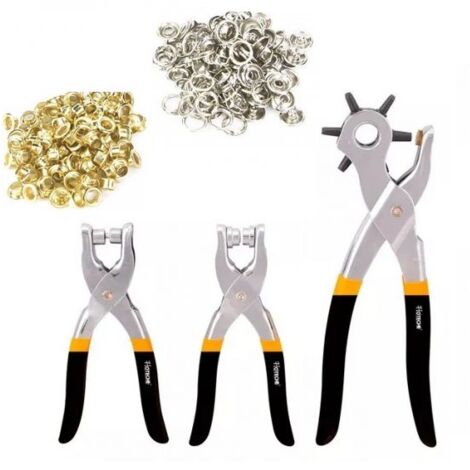 Set 3 Pinze Fustellatrice Cuoio Occhiellatrice Perforatrice con 100 Occhielli e Bottoni