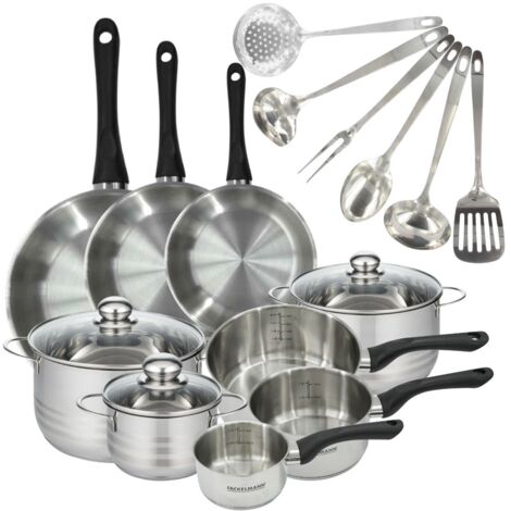 Set 3 poêles 20 24 28 cm 3 casseroles 12 16 20 cm, 3 faitouts 16, 20 et 24 cm en inox et 6 ustensiles inox Fackelmann Geneva