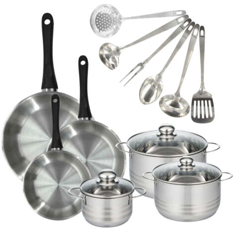 Set 3 poêles 20 24 28 cm, 3 faitouts 16, 20 et 24 cm en inox et 6 ustensiles inox Fackelmann Geneva