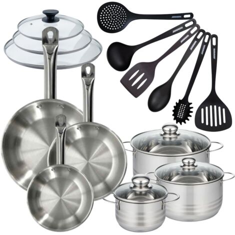 Set 3 poêles 20 24 28 cm en inox, 3 couvercles verre, 3 faitouts inox 16, 20 et 24 cm et 6 ustensiles RPET Fackelmann Eterna
