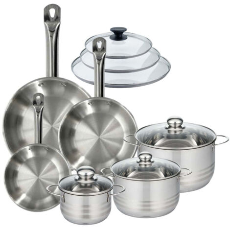 Set 3 poêles 20 24 28 cm en inox et 3 couvercles verre, 3 faitouts inox 16, 20 et 24 cm Fackelmann Eterna