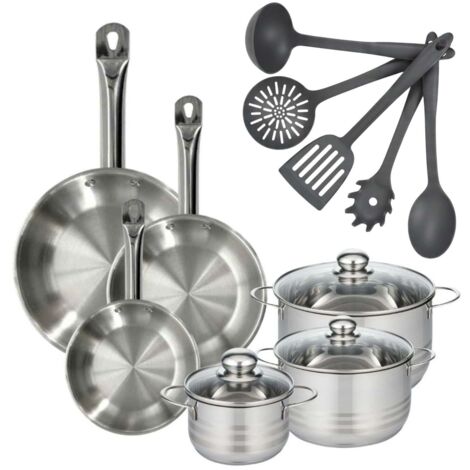 Set 3 poêles 20, 24 et 28 cm en inox, 3 faitouts inox 16, 20 et 24 cm et 5 ustensiles Fackelmann Eterna