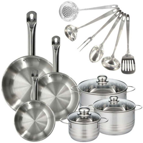 Set 3 poêles 20 24 et 28 cm en inox, 3 faitouts inox 16, 20 et 24 cm et 6 ustensiles inox Fackelmann Eterna