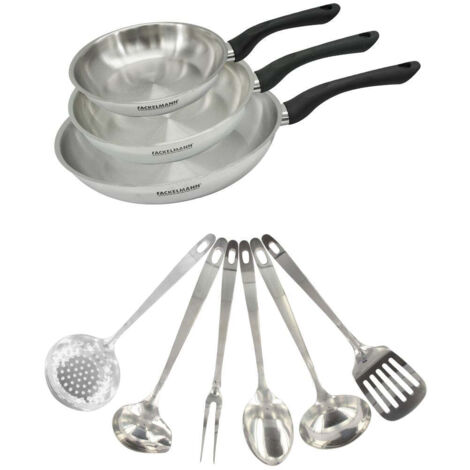 Set 3 poêles 20 24 et 28 cm en inox et 6 ustensiles inox Fackelmann Geneva