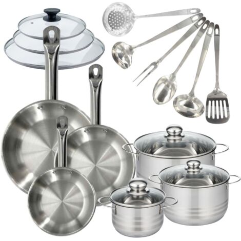 Set 3 poêles 20, 24 et 28 cm en inox et couvercles, 3 faitouts inox 16, 20 et 24 cm et 6 ustensiles inox Fackelmann Eterna