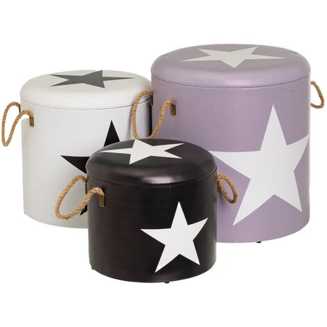 Set 3 Pouf Bauli Contenitori Star Poggiapiedi Capiente Coperchio Rimovibile