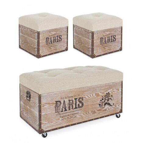 Set 3 Pouf "Travel Paris corda" effetto legno