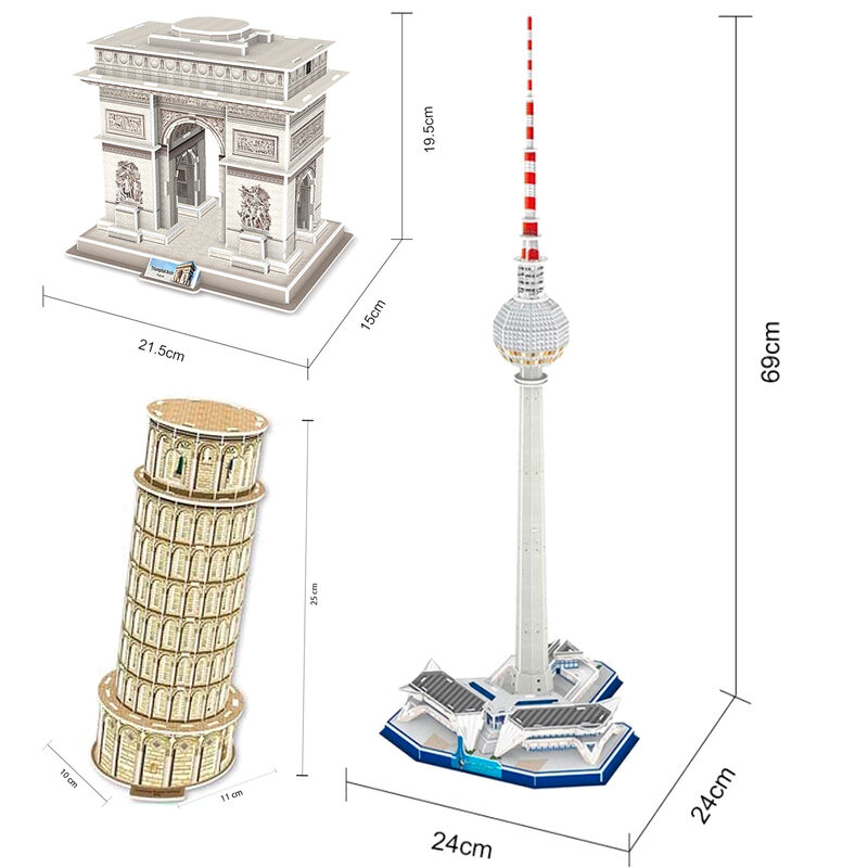 

Set 3 Puzzles 3D - modelos Arco de Triunfo/Torre de Pisa/Torre TV Berlín - 40/50/40 piezas respectivamente