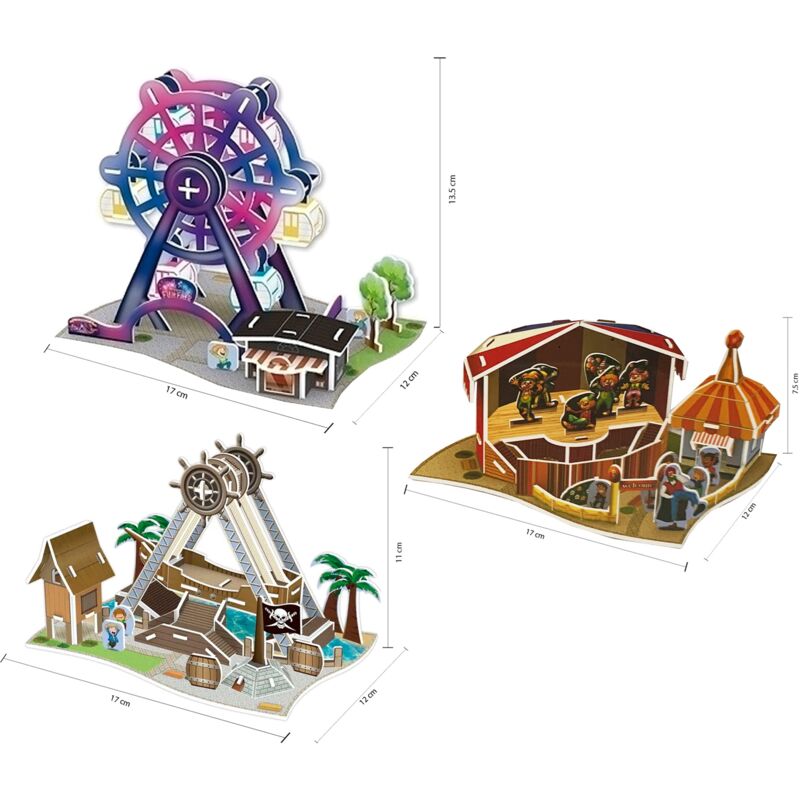 

Set 3 Puzzles 3D - modelos Atracción Noria/Atracción Barco Pirata/Atracción Circo - 50/50/50 piezas respectivamente
