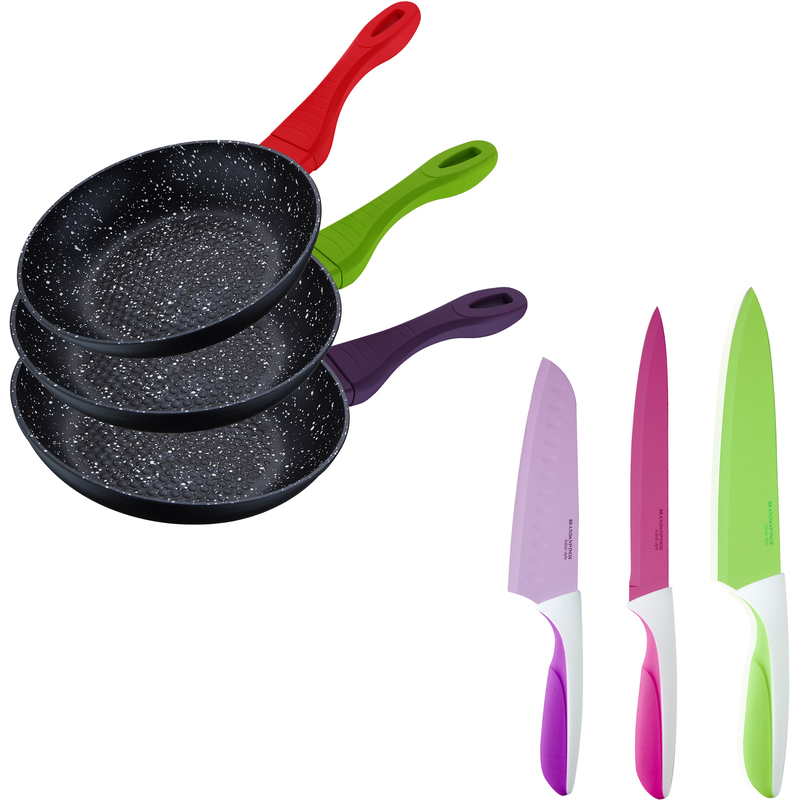 

Set 3 sartenes 20/24/28 mangos en colores + set 3 cuchillos color: santoku, multiusos y chef