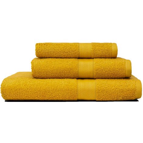 Set 3 Serviettes De Bain Coordonnées En Coton Éponge Ocre   Teddy