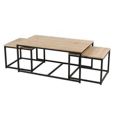 Set 3 tables basses bois et métal 1-100x60xH45cm + 2-50x50xH38cm -