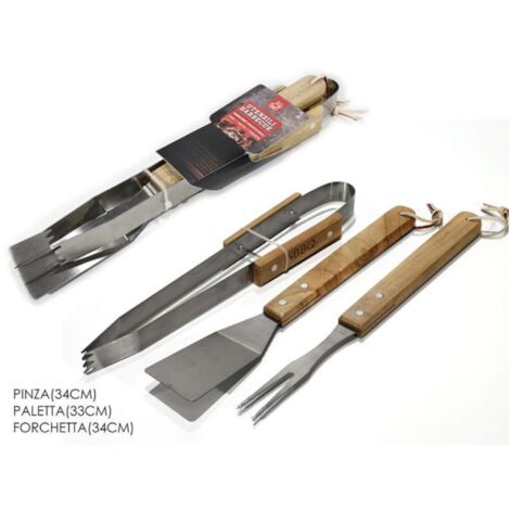SET 3 UTENSILI CON MANICO DI LEGNO PER BARBECUE