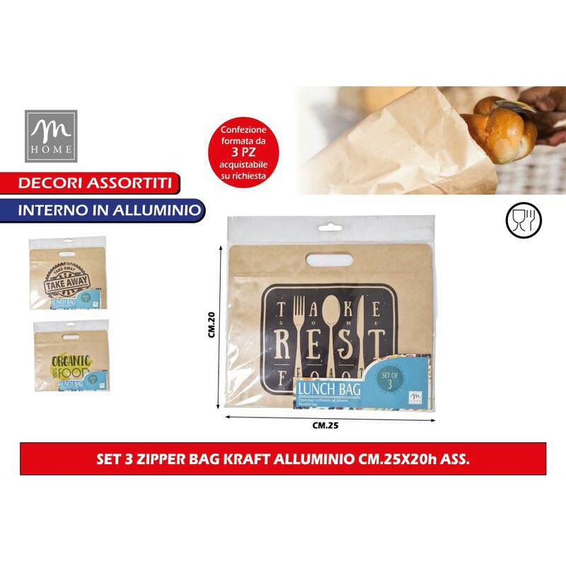 Set 3 zipper bag kraft alluminio CM.25X20h ass