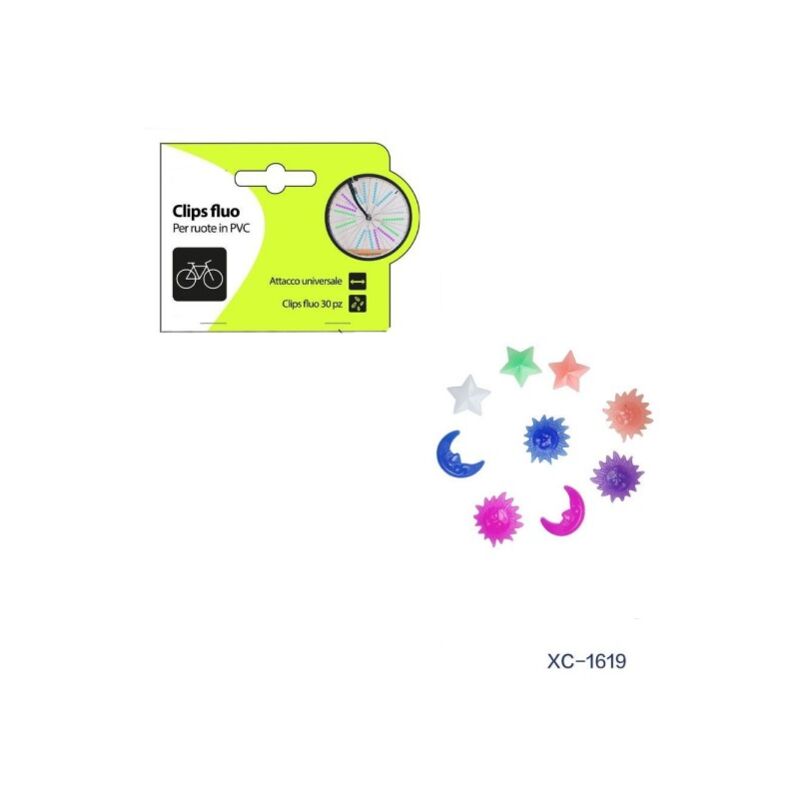 Image of Trade Shop Traesio - Trade Shop - Set 30pz Clips Fluo Colorate Stelle Luna Sole In Pvc Per Raggi Ruote Bici Xc-1619
