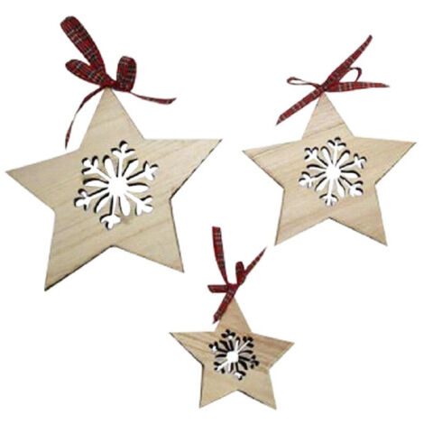 Set 3pz Appendini Forma Stella In Legno Varie Misure Decorazioni Natalizie