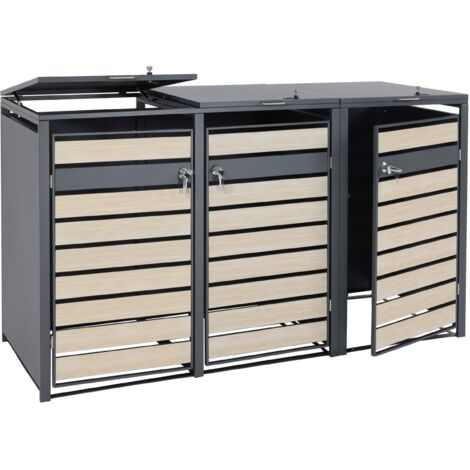 Set 3x copribidoni box spazzatura rifiuti HHG-352 80x200x117cm acciaio inox antracite faggio