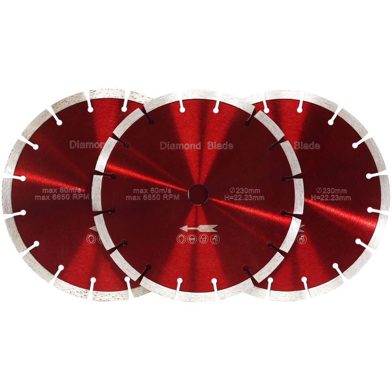 

Set 3x discos de diamante Ø230mm 22,23mm, segmentos turbo de 10mm, para piedra, ladrillo y más