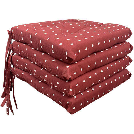 Set 4/6 Cuscini Sedia Con Lacci Cuscino 4 Punti Imbottiti Spessore 6 Cm Cuoricini Bordeaux - 6 Pezzi