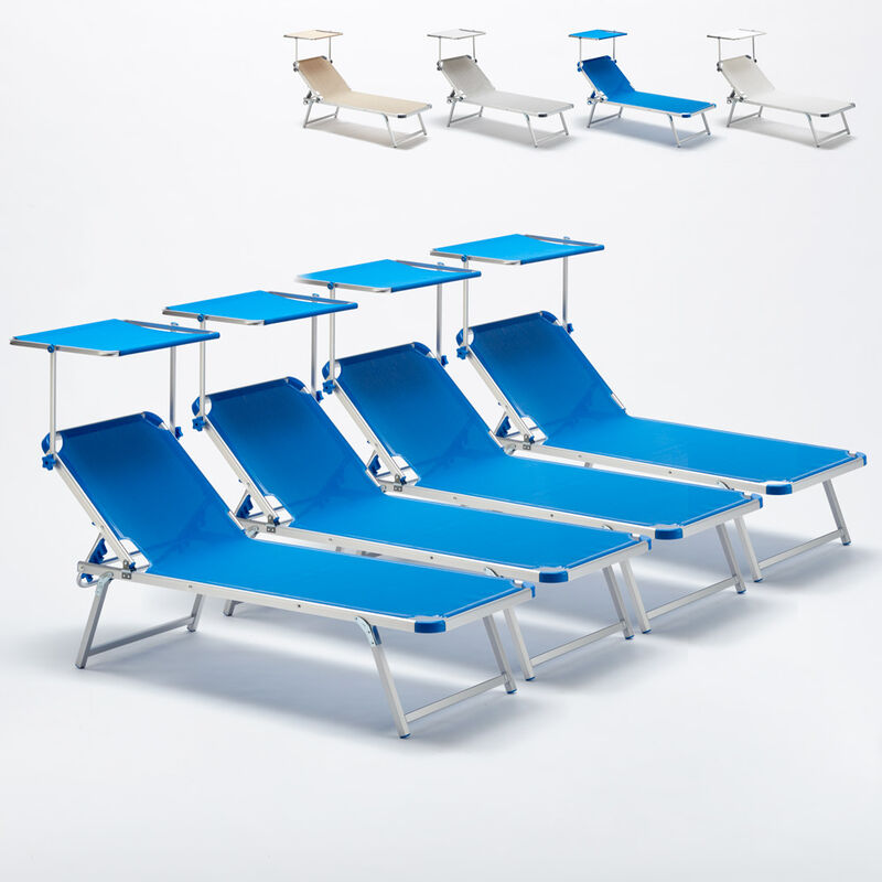 4 bains de soleil de plage en aluminium avec pare-soleil Nettuno Couleur: Bleu