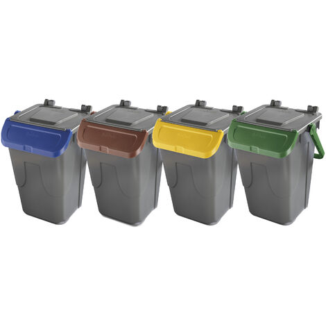 Set 4 bidoni porta rifiuti - capacità 35 litri - bicolor con fondo grigio e coperchi con sportelli basculanti colorati (Giallo, Blu, Verde e Marrone) per raccolta differenziata