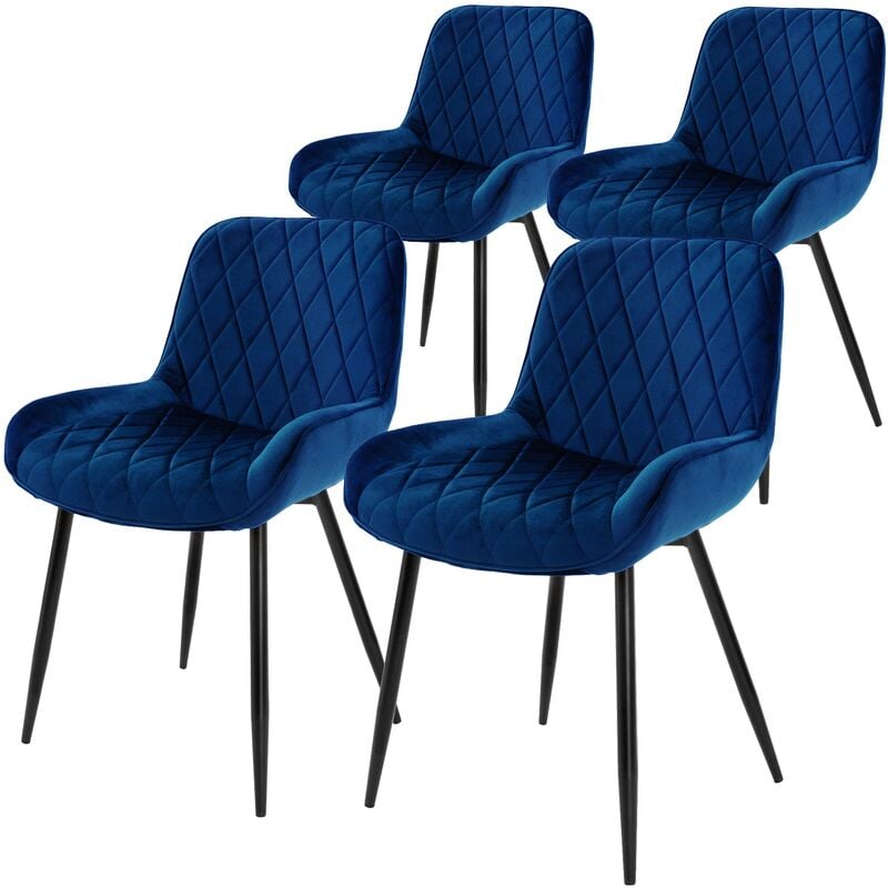 Ml-design - Lot de 4 Chaises de Salle à Manger - Bleu Foncé - Style Rétro - Assise Rembourrée Aspect Velours - Pieds en Métal Noir - Dossier et