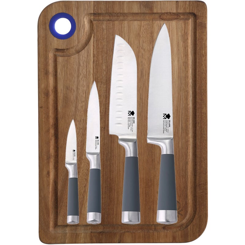 

San Ignacio - Set 4 cuchillos de cocina Masterpro de acero inoxidable con tabla de cortar en madera de acacia azul rainbow 33x23x1,5 cm Casa Benetton