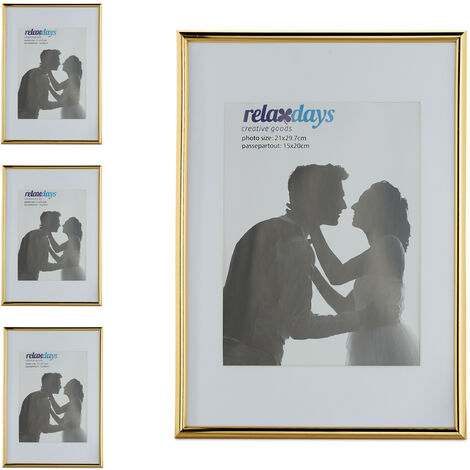 Set 4 Marcos Fotos A4, Cuadro para Certificados, Gráficos, para Pared o Sobremesa, Paspartú, Placa Vidrio, Dorado