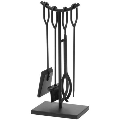 Set 4 Pezzi Accessori per Camino con Supporto Stand in Ferro Battuto Nero