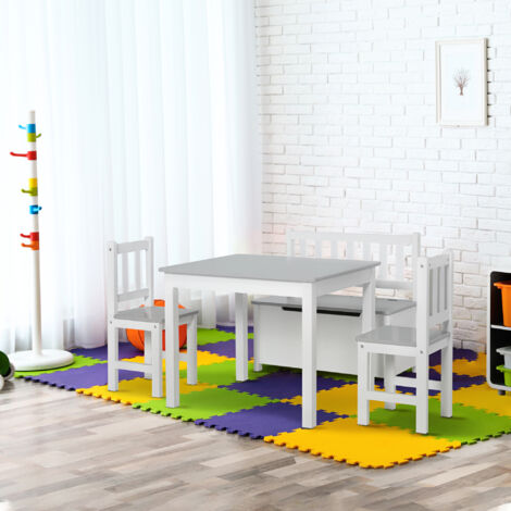Set 4 Pezzi con Tavolo per Bambini, 2 Sedie e Cassapanca, Arredamento Cameretta, Tavolino con Sedie per Bambini in Legno Multiuso, Bianco e Grigio