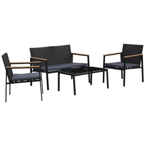 SET 4 PEZZI SALOTTINO DA GIARDINO IN PE RATTAN CON BRACCIOLI IN LEGNO NERO