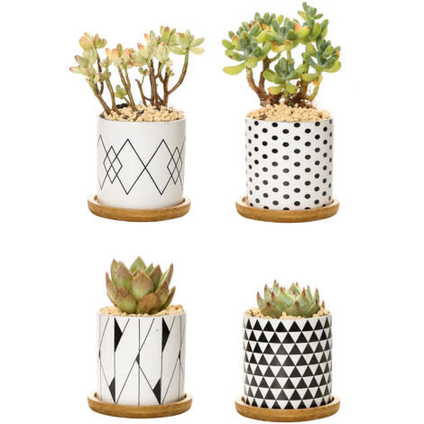 Set 4 Pezzi Vasi In Ceramica Con Moderne Decorazioni Fiori Piante Grasse Con Sotto Vaso In Bambù Foro Centrale Vasetti Cactus Decorazione Interno Esterno Casa Vasetto Con Foro Scarico Scrivania Comodi