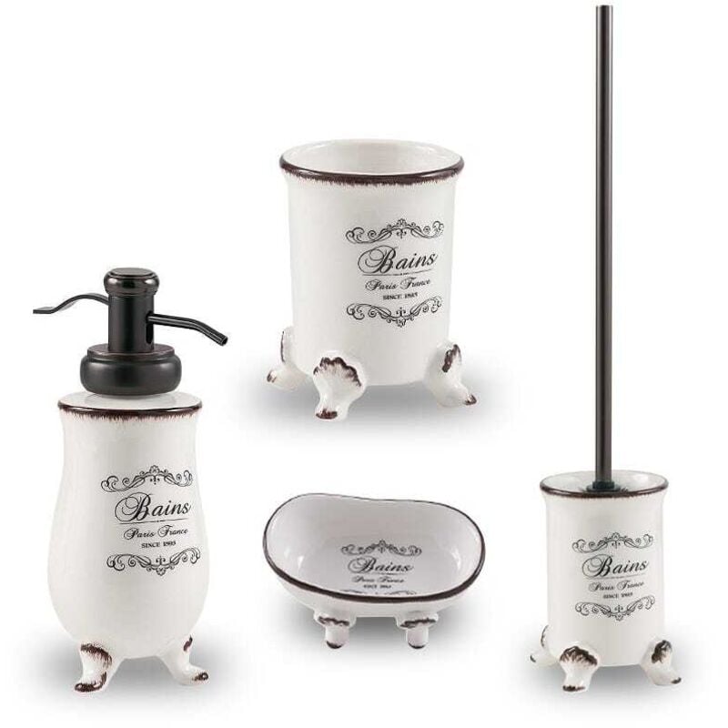 Kiamami Valentina - Set 4 Pièces D'accessoires De Salle De Bains Shabby En Céramique Décorée Amelia