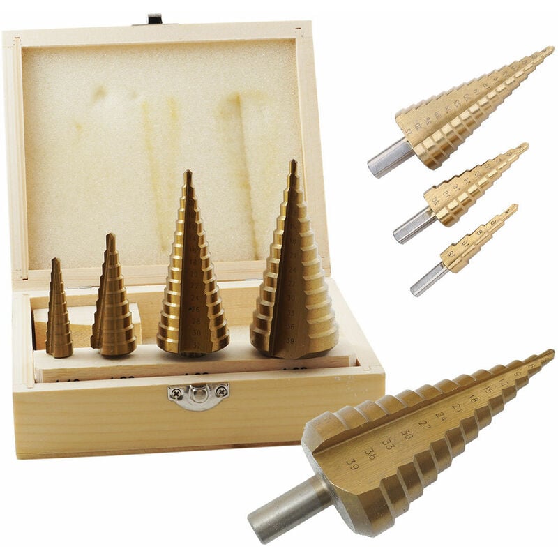 Set 4 punte frese coniche a scalino gradini allarga fori 4-39 mm