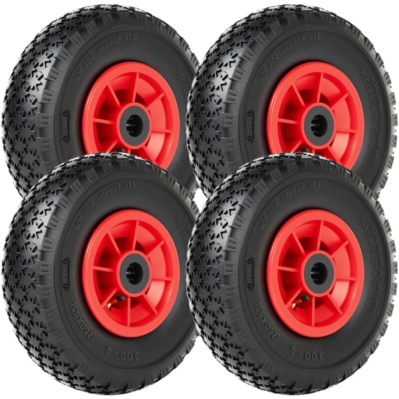 Lot de 4x Roue complète 3.00-4 pour Diable – 255 x 255 x 85 mm – Avec Chambre à air et Jante – Valve coudée TR87 – capacité de charge max. 90 kg –