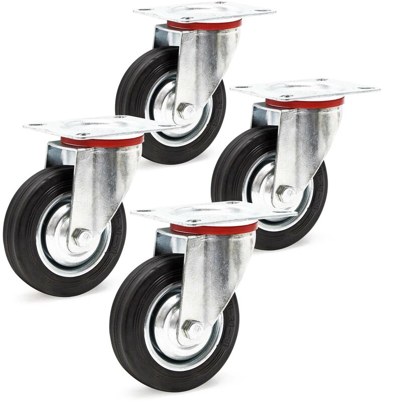 Image of Wiltec - Set 4 ruote piroettanti in gomma piena 100mm Con cerchi in metallo e piastra di fissaggio 70kg/ruota